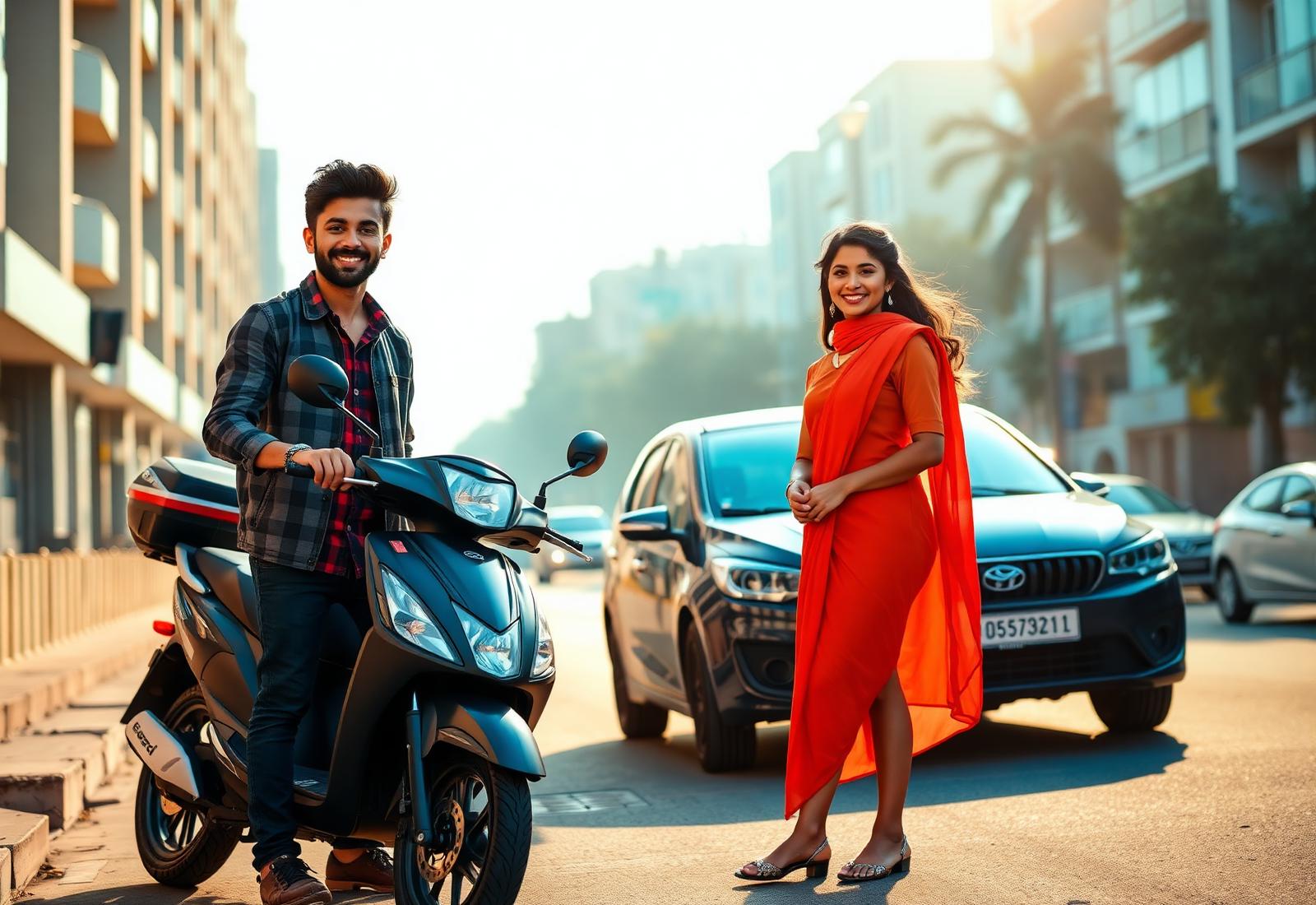Renters with a scooter and car on an Indian street